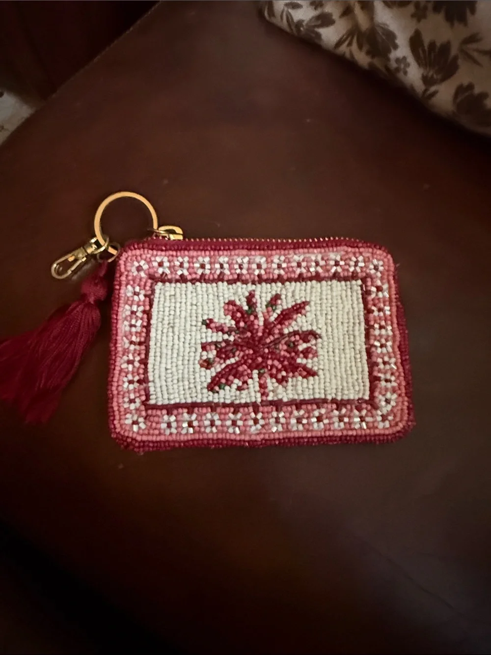 Anthropologie Fiona Beaded Floral Coin Purse Wallet Pink/White NWT